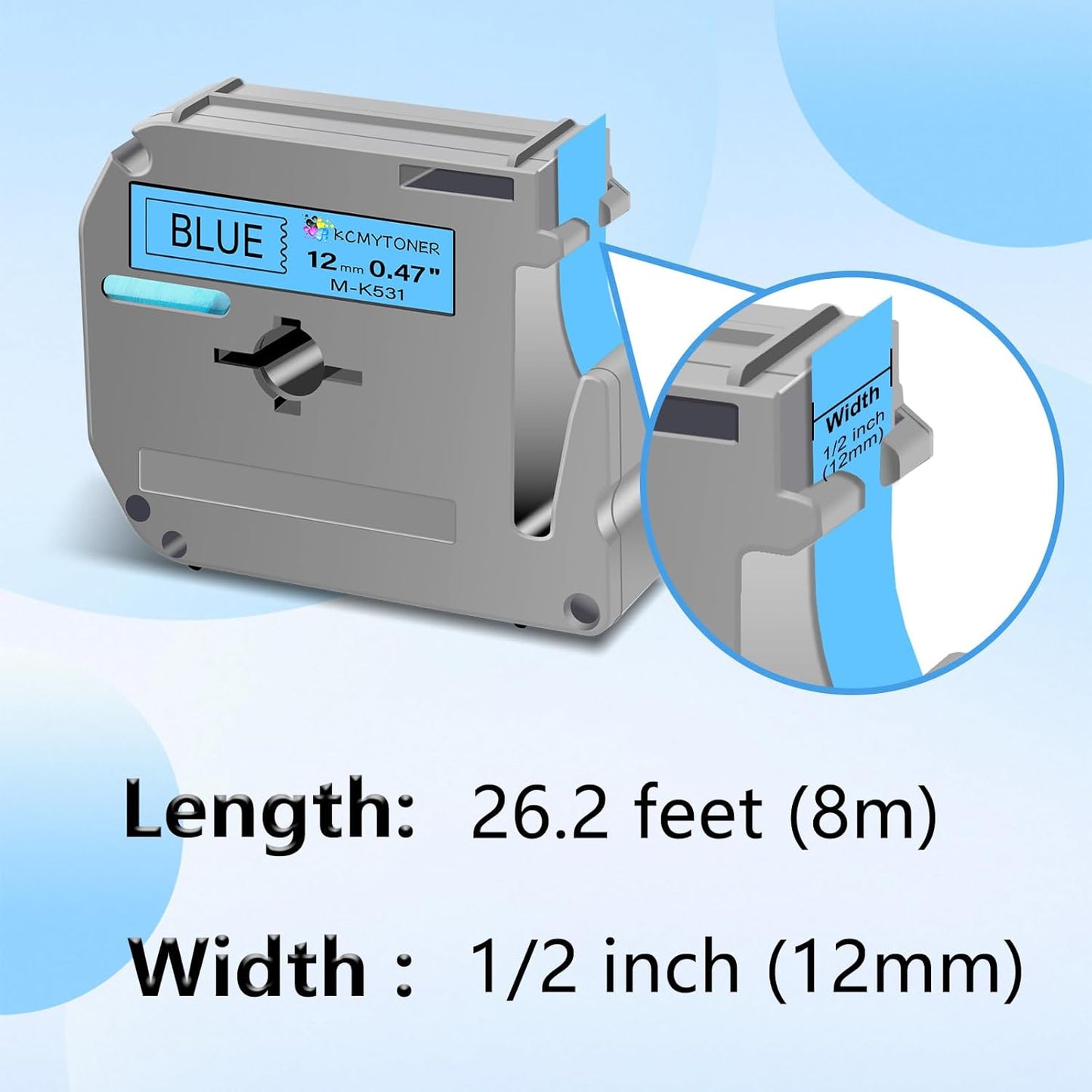 Compatible for Brother P-Touch M Tape M-K531 MK531 M531 MK-531 Black on Blue Label Tape 0.47" (12mm) x 26.2ft for PT-90 PT-M95 PT-70 PT-70BM PT-85 PT-80 PT-45 PT-65 Label Makers, 1 Pack