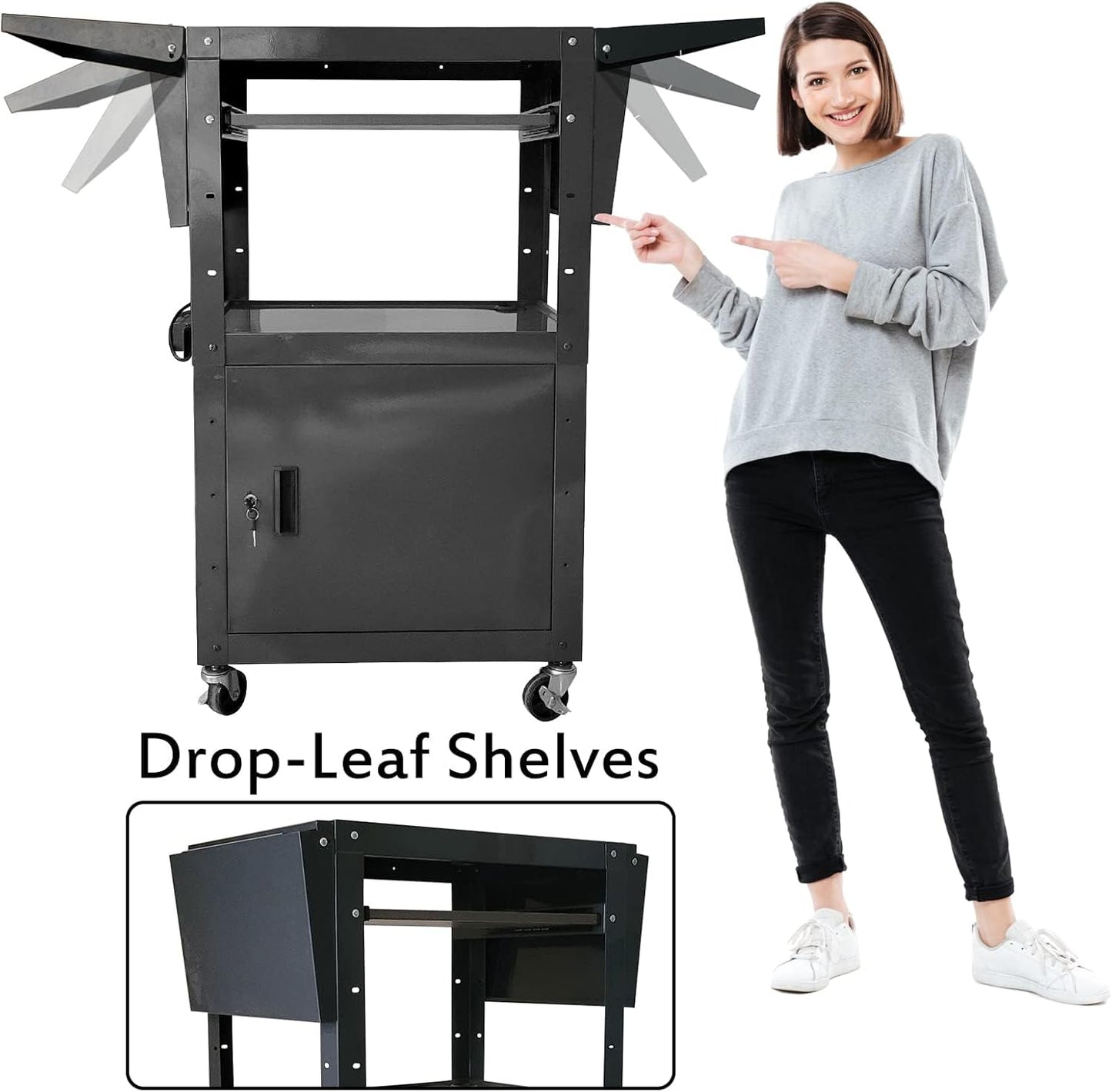 AV Cart with Locking Cabinet and Keyboard Tray Height Adjustable Utility Cart with Extra Storage,Computer Cart with Wheels and Power Strip for Presentations Office Holds 300 Lbs(Black/43”x18”x43”)