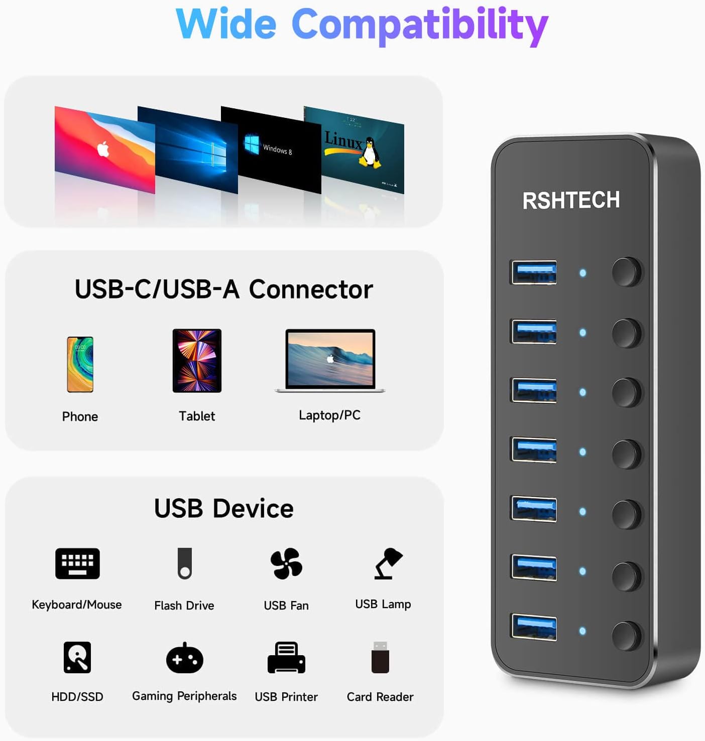 Powered UBS Hub, RSHTECH 7 Port USB 3.0/USB C Hub Upgraded Version Aluminum USB Splitter with 2-in-1 USB Cable,5V 3A Power Adapter and Individual Switches, USB Port Expander for Laptop/PC, RSH-ST07