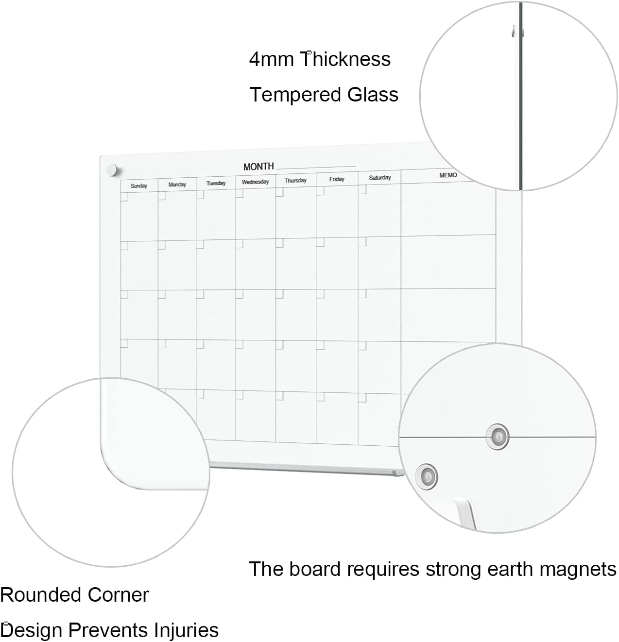 TOWON Tempered Glass Calendar Dry Erase Board for Wall, 3' x 2' Magnetic Whiteboard Calendar Planner for Office, Home, School Supplies, White, 36 x 24 Inches