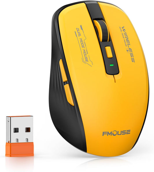 Wireless Mouse (Bluetooth & 2.4GHz USB) with Forward/Backward Side Keys, Silent Click, Ergonomic Portable AA Battery Mice for Laptop/Mac/iPad - Office & Travel Use, Yellow & Black