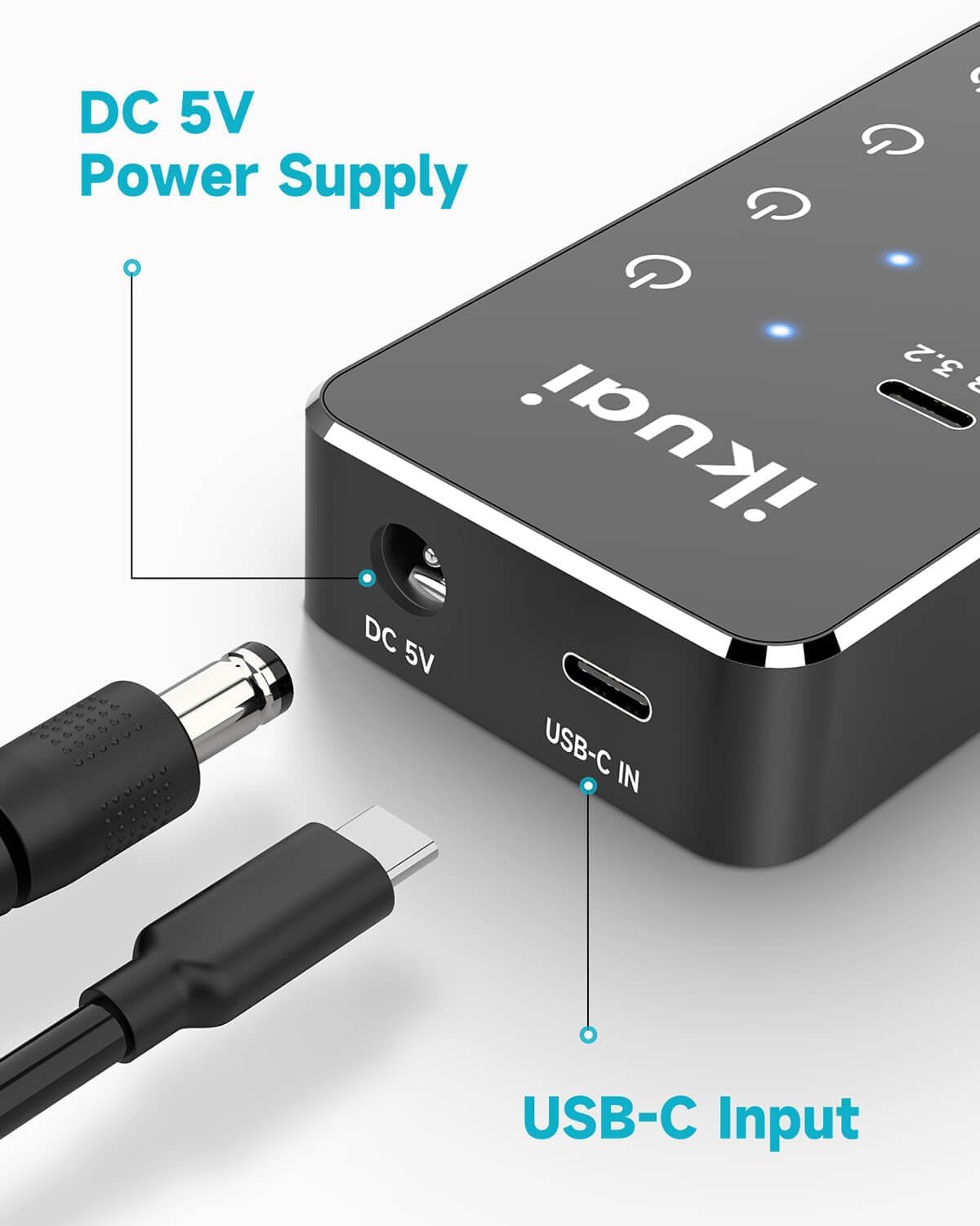 Powered USB Hub, ikuai 7-Port USB 3.2 / USB C Hub, with 3 10Gbps Data Ports (2 USB-C + 1 USB-A) and 4 USB A 3.0 Ports for PC Laptops