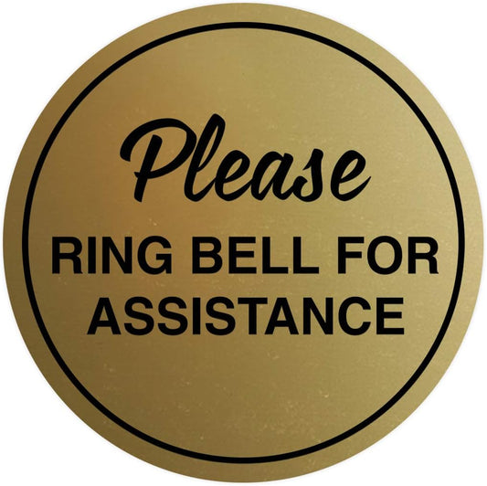 Signs ByLITA Circle Please Ring Bell For Assistance Wall or Door Sign | Easy Installation | Front Desk Reception Sign (Brushed Gold) - Medium (5 Pack)