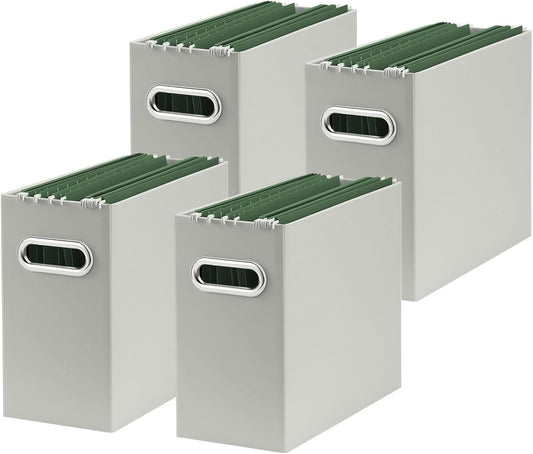Oterri File Organizer, 4 Packs Small Storage Box, Cardboard File Folder Organizer, Collapsible File Box for Hanging File Folders Letter Size, Portable Filing Organizer with Handle (Grey)