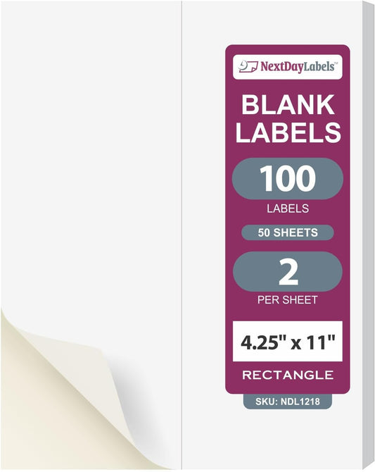 NextDayLabels – 4-1/4" x 11" Rectangular Sticker Labels for Printer - White Laser/Inkjet Printer Labels Return Address Labels Shipping Label Stickers (50 Sheets, 2 Per Sheet, 100 Labels)