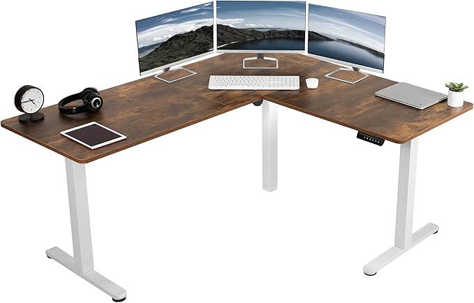 VIVO Electric Corner L-Shaped 63 x 55 in Rustic Standing Desk, Memory Height Adjustment, Vintage Brown Top White Frame, DESK-E3CTWN