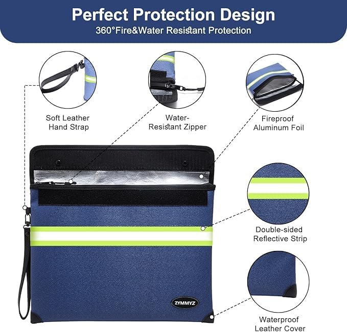 6200℉ Fireproof and Waterproof Document Pouch with Water Resistant Zipper,9 Layers of Heat Insulated Materials Fireproof Envelopes for Important Documents,Valuables