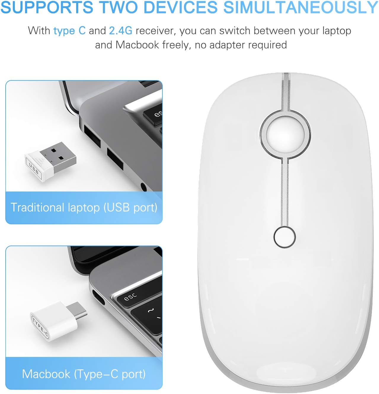 Type C Wireless Mouse，Vssoplor USB C Mouse Dual Mode 2.4G Cordless Mice with Nano USB and Type C Receiver Compatible with PC, Laptop, MacBook and All Type C Devices-White Silver