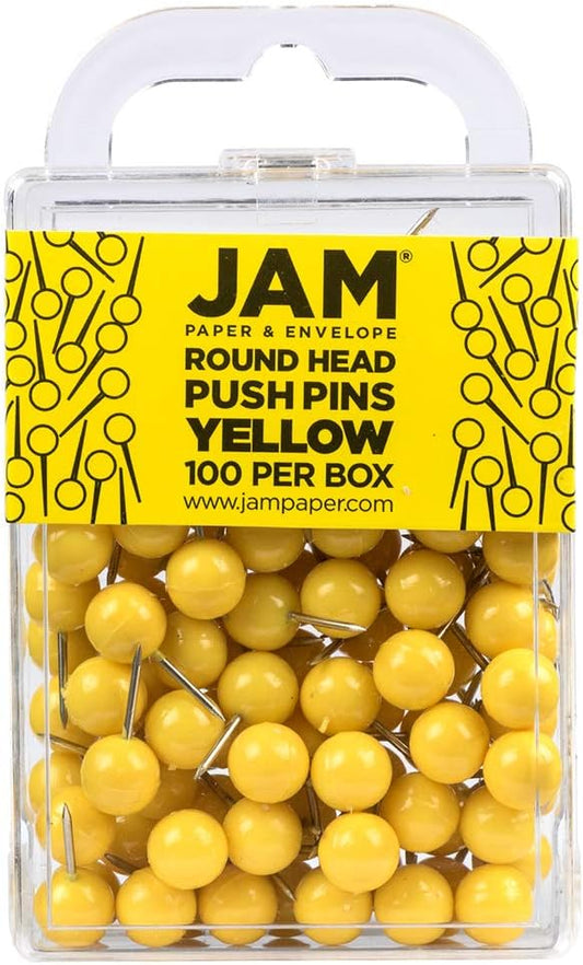 JAM PAPER Colorful Push Pins - Round Head Map Thumb Tacks - Yellow Pushpins - 100/Pack