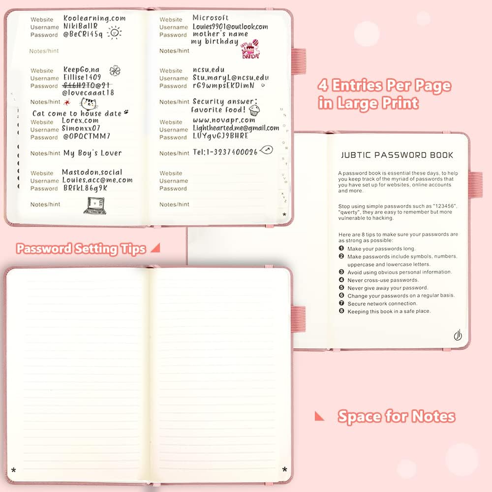 JUBTIC Password Book with Alphabetical Tabs. Medium Size Password Notebook for Internet Website Address Log in Details. Hardcover Password Journal & Organizer for Home Office, Rose Gold