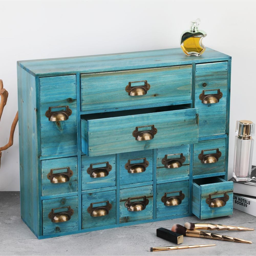 Apothecary Drawers Card Catalog Cabinet with 14 Drawers Wooden Card Catalog Wooden Storage Box for Desktop Organizer (Blue)