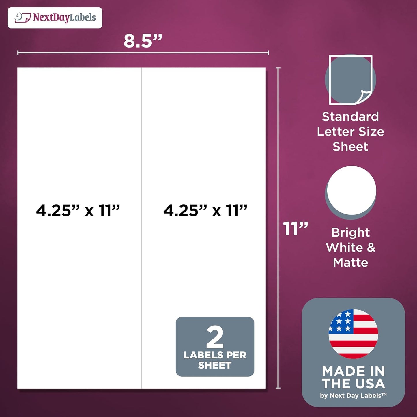NextDayLabels – 4-1/4" x 11" Rectangular Sticker Labels for Printer - White Laser/Inkjet Printer Labels Return Address Labels Shipping Label Stickers (25 Sheets, 2 Per Sheet, 50 Labels)