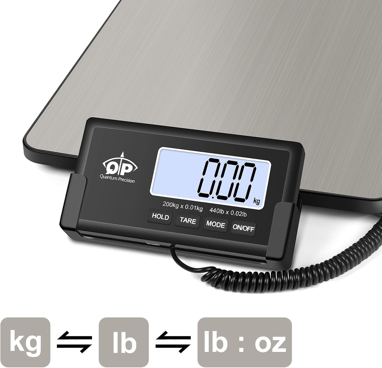 QP Shipping Scale, 440 lb/0.35 oz High Accuracy Digital Postal Scale, Postage Scale, Hold/Tare Function, Auto Off LCD Display, Lightweight Scale for Packages/Luggage/Pet, Battery & AC Adapter Included