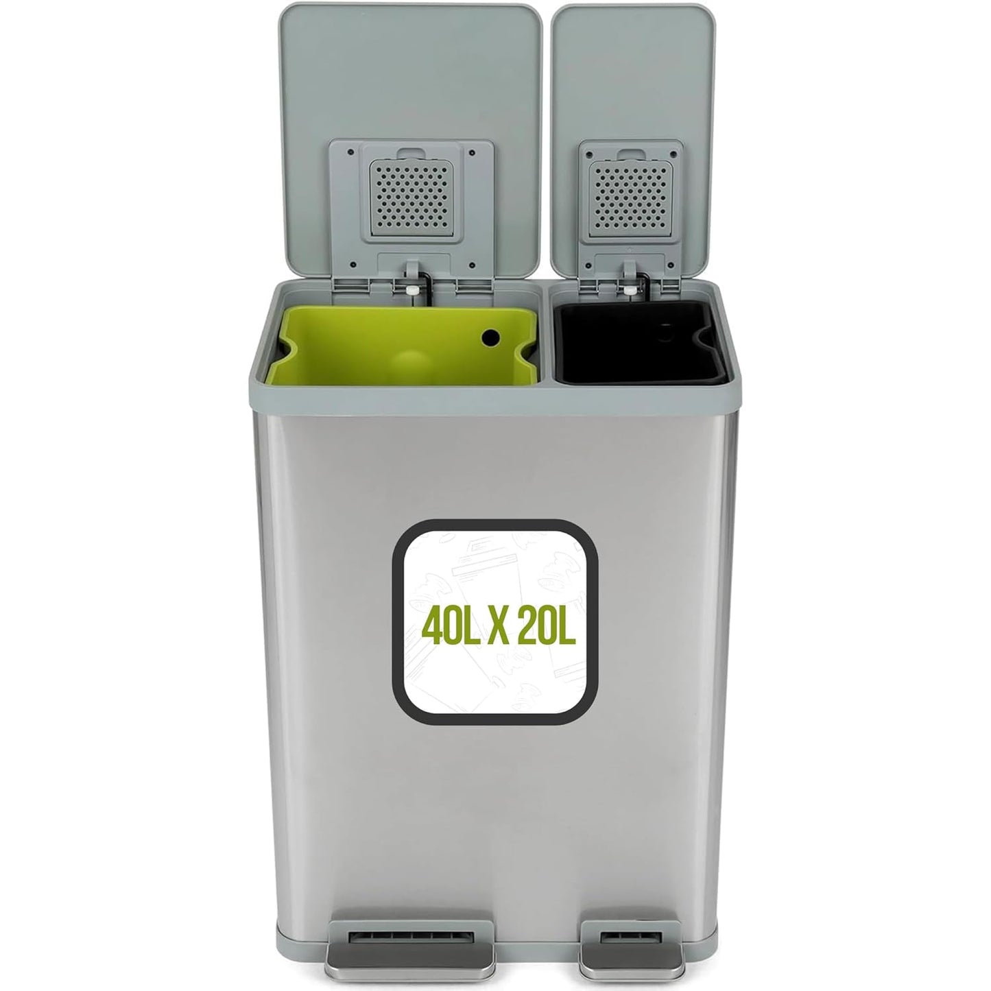 Simpli-Magic 60 Liter / 16 Gallon Rectangular Hands-Free Dual Compartment Recycling Kitchen Step Trash Can with Soft-Close Lid, Brushed Stainless Steel (40L + 20L Capacity)