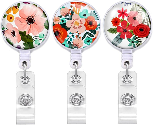 Nurse Badge Reel 3 Pack Beautiful Flowers Retractable Badge Holder Reel Clip On ID Card Holders for Office Worker Doctor Nurse