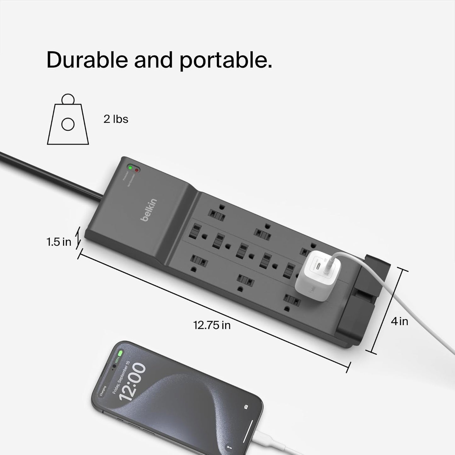 Belkin Surge Protector Power Strip w/ 12 AC Outlets & 8ft Long Flat Plug, UL-listed Heavy-Duty Extension Cord for Home, Office, Travel, Computer, Laptop, Phone Charger - 3,940 Joules of Protection