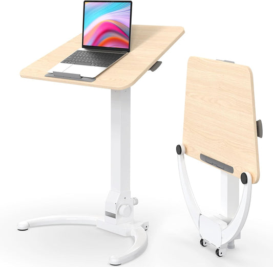 JOY worker Foldable Mobile Standing Desk, Pneumatic Height Adjustable Sit Stand Desk, 90° Tiltable Rolling Laptop Desk, Portable Cart with Wheels Non-Slip Mat for Home Office, Holds Up to 22lbs