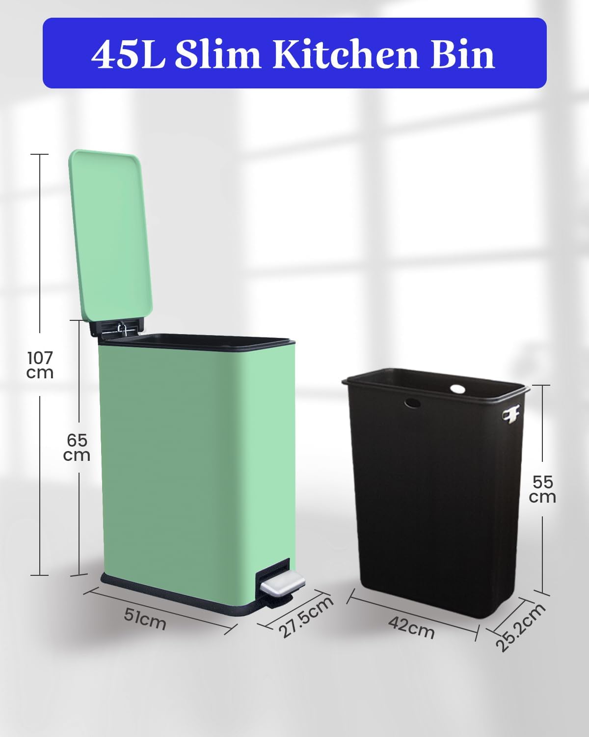 12 Gallon Slim Kitchen Trash Can, Stainless Steel Trash Can with Removal Inner Bucket and Soft-Close Lid, Pedal Garbage Can 45 Liter, Green