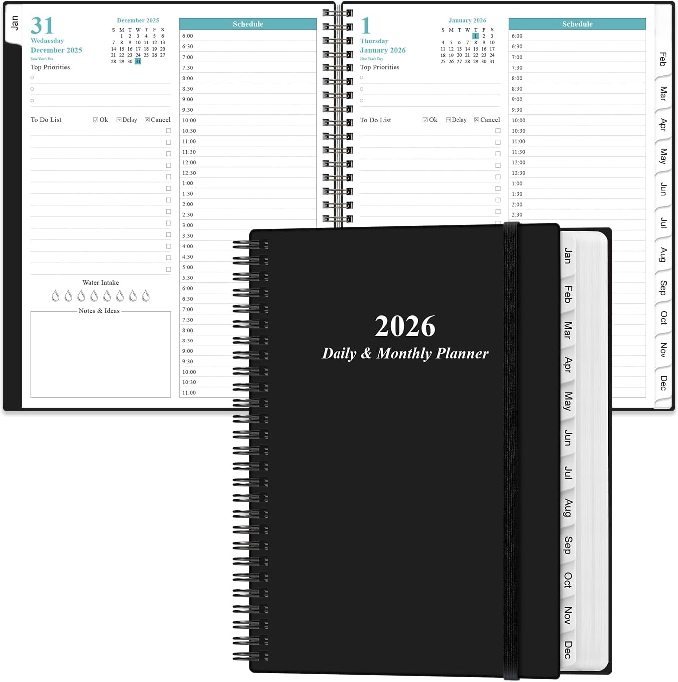 2026 Daily & Monthly Planner - One Page Per Day, Daily Planner from January 2026 - December 2026, Planner 2026 with 12 Monthly Tabs, 8.5" x 11", Black
