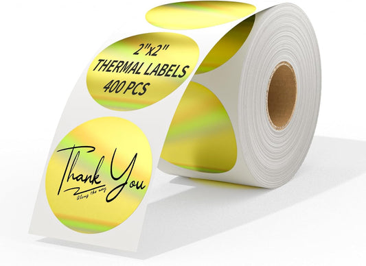 MFLABEL 2" Round Holographic Thermal Labels - 400pcs Gold Waterproof Sticker Roll for Small Business Logo, Compatible with MUNBYN/Rollo/Phomemo (Not for Dymo/Brother)