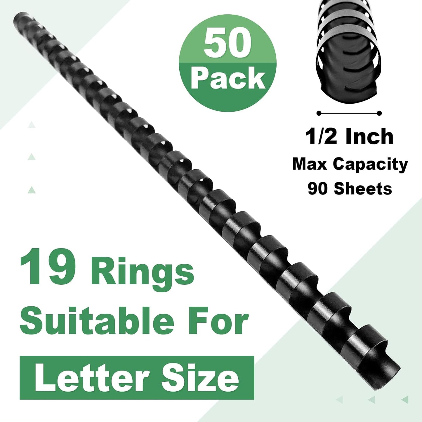 HOUYEE 1/2 Inch Plastic Binding Comb 19 Ring, 90 Sheet Capacity, Letter Size Black Comb Binding Spines (50 Pack)