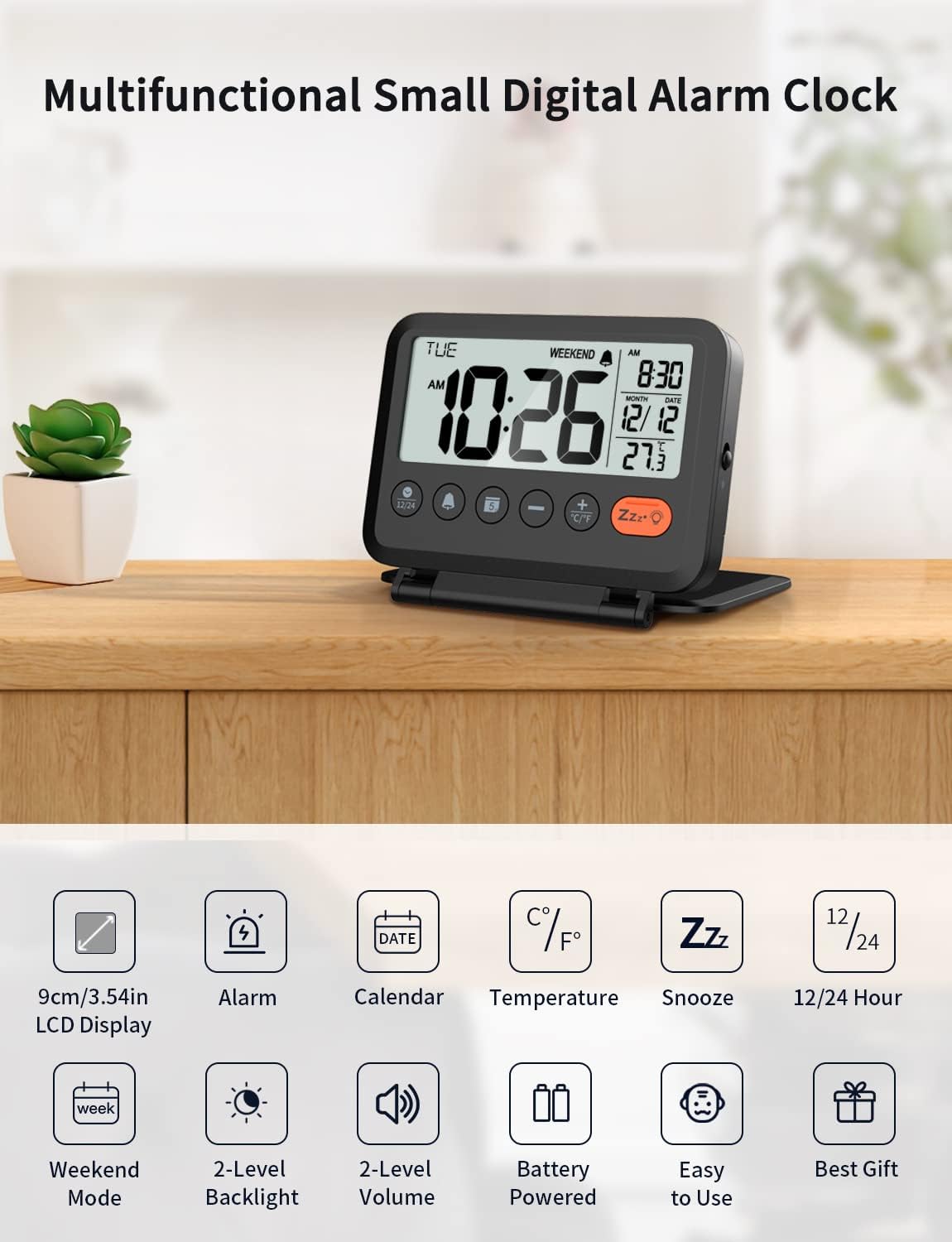 Digital Travel Alarm Clock, Black, 3.54 inch LCD Display, 9-Minute Snooze, 2 Volume Levels, Backlight, Battery Included