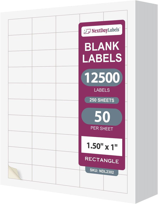 NextDayLabels – 1.5" x 1" Rectangular Sticker Labels for Printer - White Laser/Inkjet Printer Labels Return Address Labels Shipping Label Stickers (250 Sheets, 50 Per Sheet, 12500 Labels)