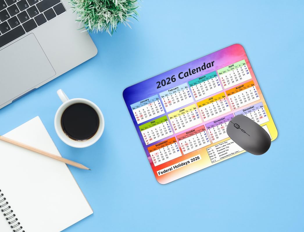 Calendar Mouse pad,2026 Watercolor Background Calendar Natural Rubber Mouse Pad, Quality Creative Gaming Rectangle Mouse Personalized Desk Mouse Pad 9.5 inch x 7.9 inch