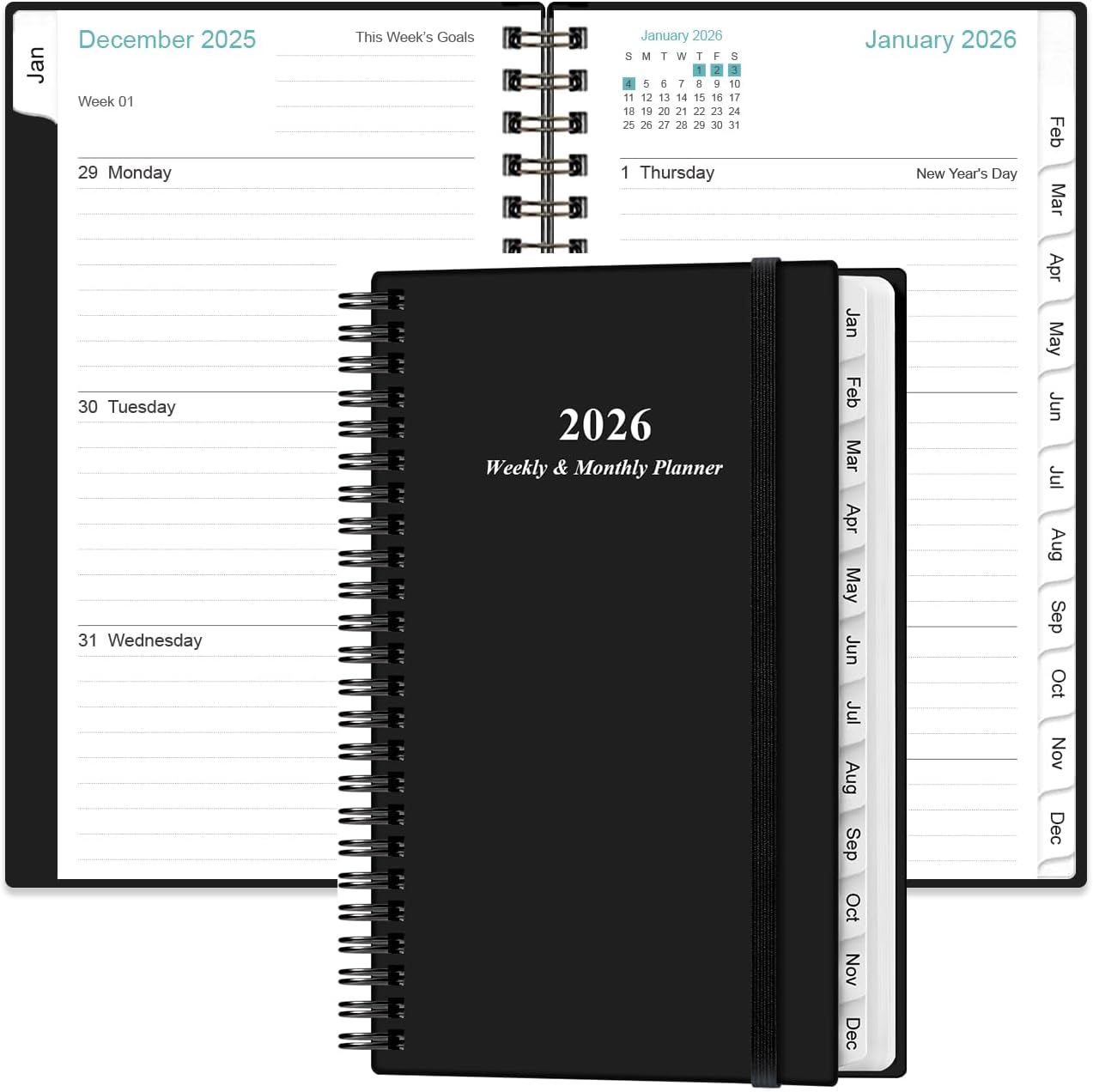 2026 Pocket Planner/Calendar - 2026 Planner from January 2026 - December 2026, Planner 2025 with 12 Tabs, Twin-Wire Binding, Inner Pocket, 3.75" x 6.75, Black