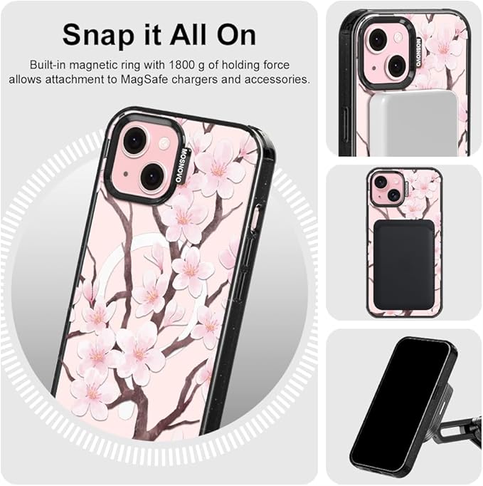 MOSNOVO Magnetic Case for iPhone 15, 10ft Military-Grade Protection, Compatible with Magsafe, Shockproof Phone Case for iPhone 15 - Cherry Blossom - Clear Black