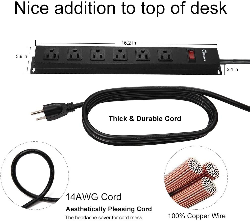 6 Outlet Power Strip with Wide Spaced and 10FT Power Cord,Wall Mount Metal Industrial Power Strip Heavy Duty for Commercial,Garage,School and Home,15A 125V 1875W,Black(10FT)