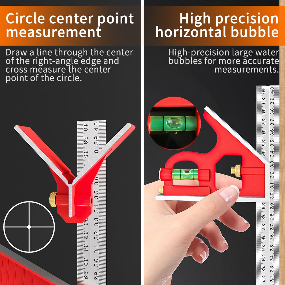 BAUSATZ Combination Square 400mm Carpenter Square Woodworking Square Ruler Protractor Angle Finder Combo Square Tool 180° Angle Ruler Carpenter Tool Combination Square Set with Bubble Level