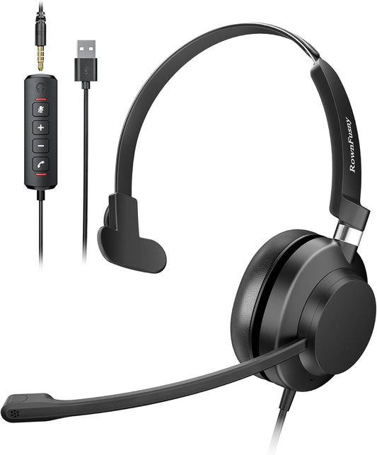 USB Headset with Microphone for PC & Laptop - Noise Reduction On-Ear Wired Headphones with in-Line Volume Control, Call Answer Button for MS Teams, IP Phones, Work, Zoom, Skype