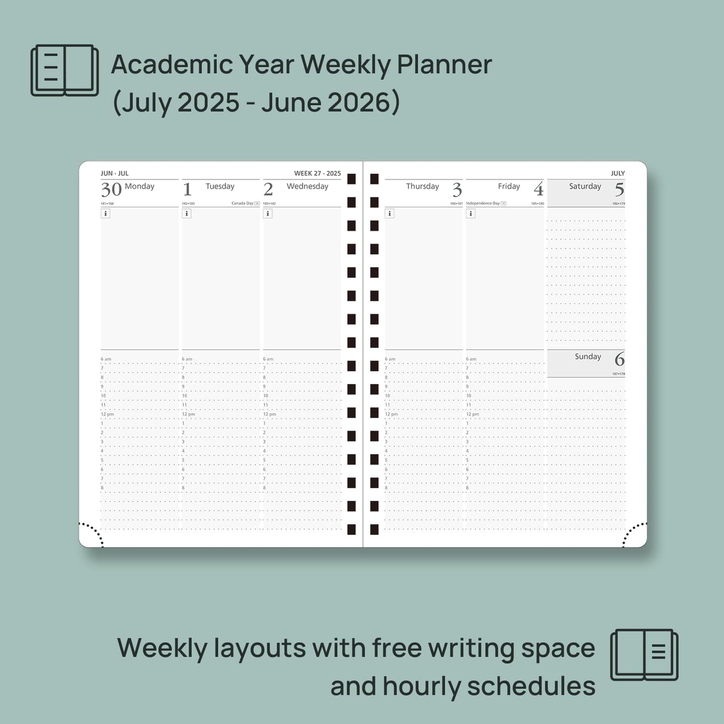 POPRUN Academic Planner 2025-2026 (July 2025-June 2026), Daily Weekly and Monthly Appointment Book (Wirebound Hard Cover - 6.25'' x 8.5'') with Hourly Time Slots, Tabs, 100 GSM - Pacific Green