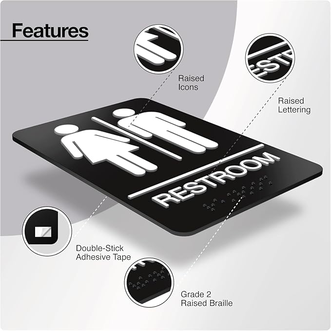 ADA Braille Unisex Restroom Signs for Business with Double Sided 3M Tape - ABS Plastic Gender Neutral Bathroom Sign 9” x 6”- Pack of 10 for Offices and Restaurants