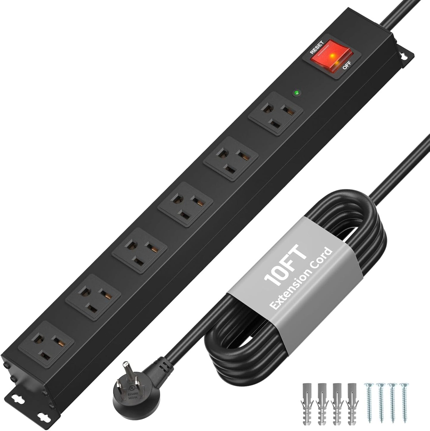 KF 6 Outlet Metal Wall Mount Power Strip, 2100J Surge Protection Heavy Duty Power Strip, 15A/1875W Mountable Power Strips with Upgraded Switch, 14AWG 10FT Power Cord, Black
