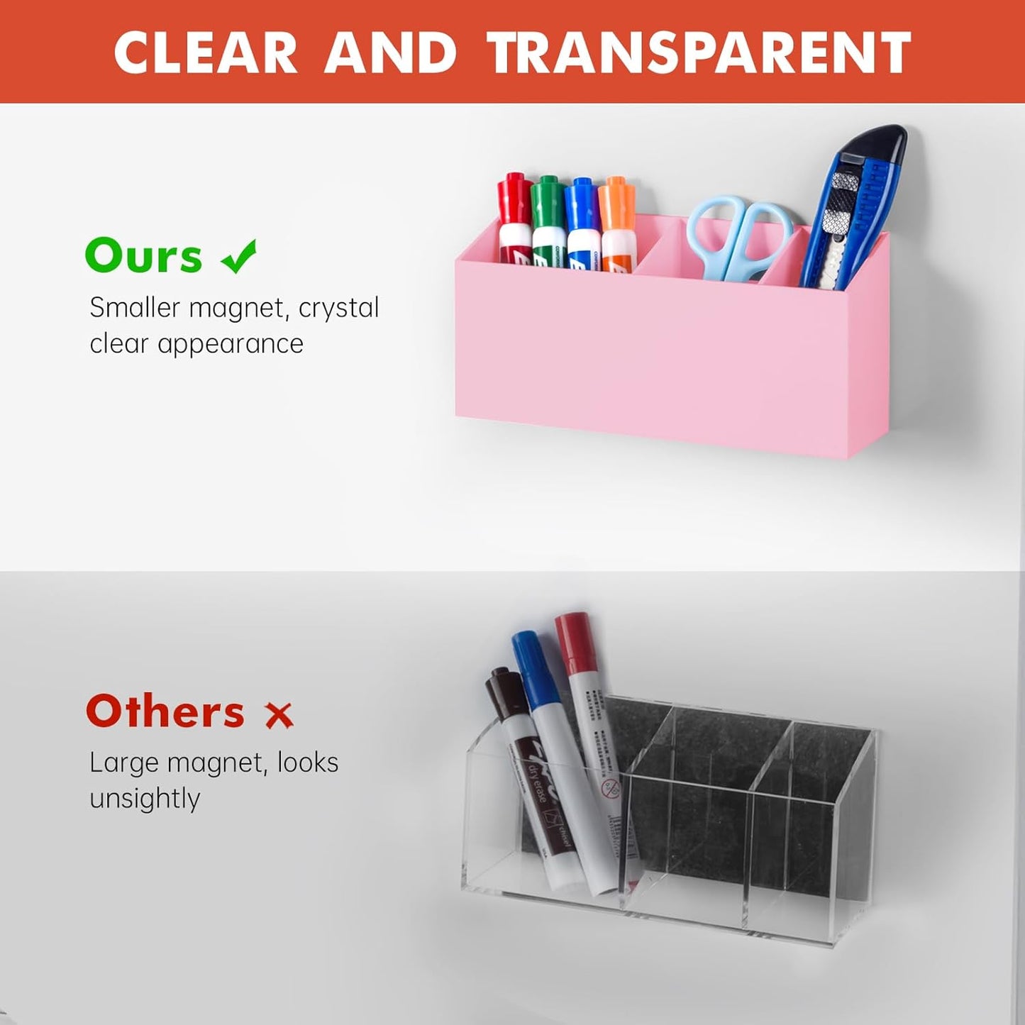 Magnetic Dry Erase Marker Holder, Acrylic Magnet Pen Holder for Whiteboard, Refrigerator, Magnetic Fridge Organizer for Office, Classroom, Whiteboard Maker Holder, Locker Organizer-Pink