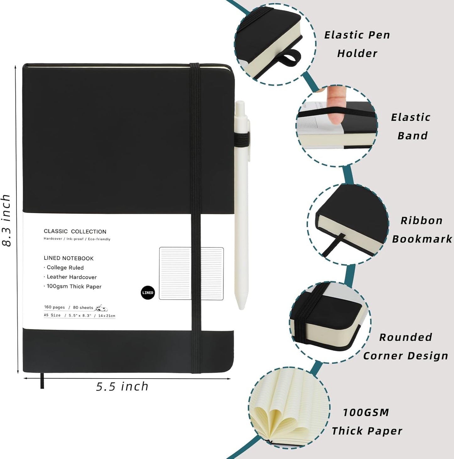 Coopay 6 Pack A5 Journal Notebook with 6 White Pens Bulk Classic Ruled Hardcover Leather Journal Set with Pen Holder for Men Women Writing Office Home School Business, 100GSM, 8.3” x 5.5” (Black)