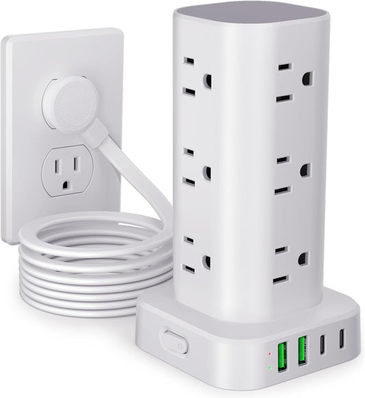 Power Strip Tower with Multiple Outlets, Flat Plug Surge Protector Tower Extension Cord with 12 AC Outlets 4 USB Ports (2 USB C), 10FT Cord Power Tower Surge Protector for Home Office Dorm Room, White