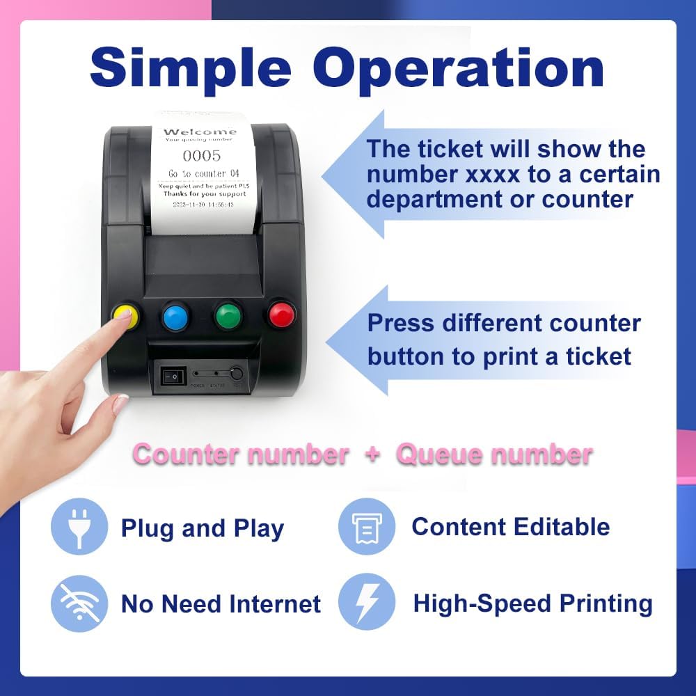 Take a Number Printer Ticket Thermal Printer Ticket Machine with 57mm Receipt Ticket Roll Show Different Department Name and Queue Number for Wireless Calling System for Haunted House(TP-4 Way)