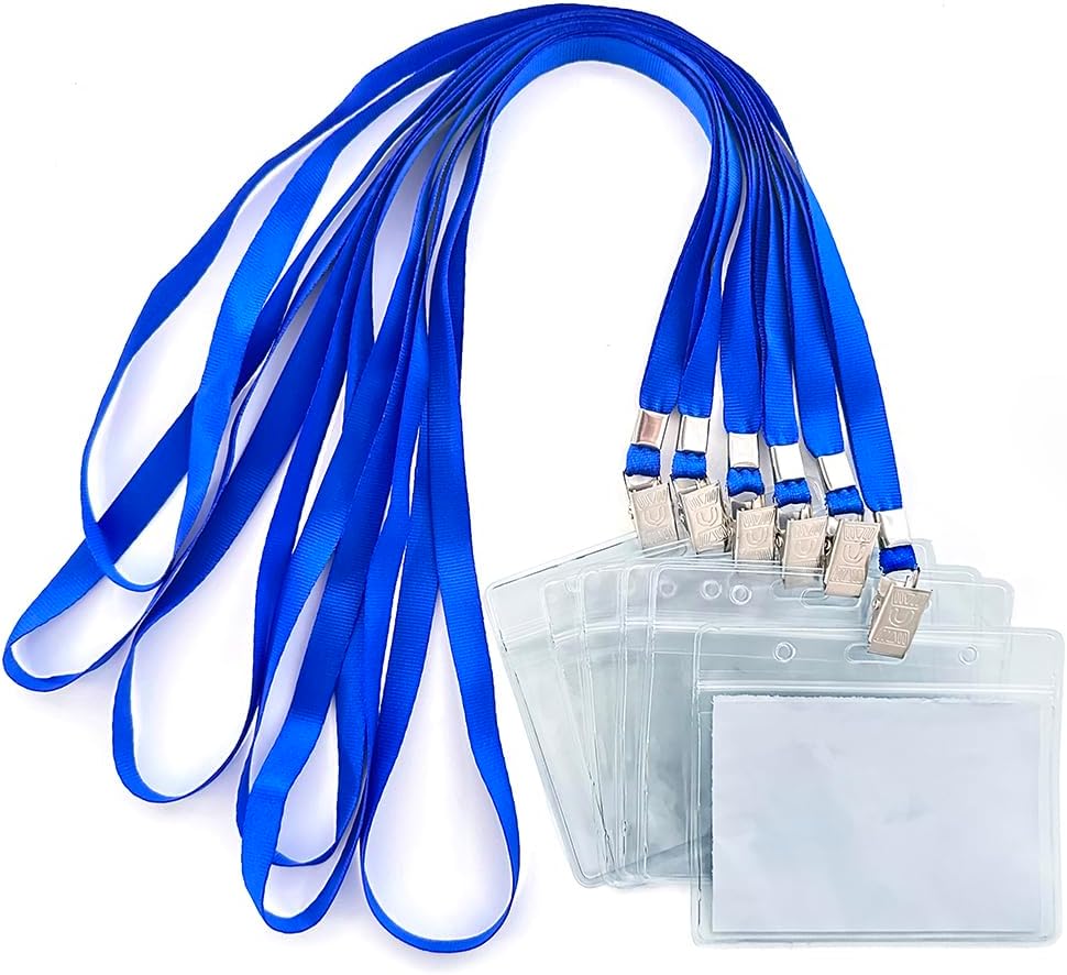 50pcs Clear Badge Holder with Lanyard Waterproof Type Clear ID Badge Holder with Lanyards for Name Tags ID Card (Blue, Horizontal)