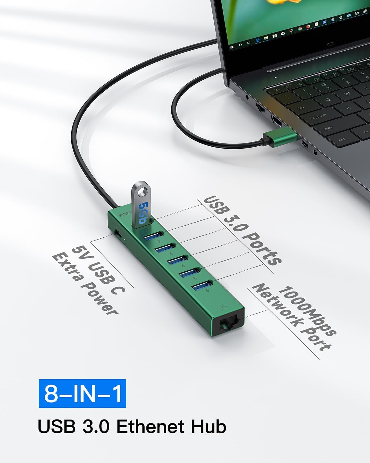 7 Ports USB 3.0 Hub, USB to Network HUB with 3.9ft Long Cable for Laptop, USB Splitter with Gigabit Ethernet Port and 5V/3A Power Port, MultiPort Aluminum Hub for iMac, PC, Flash Drives (Green)