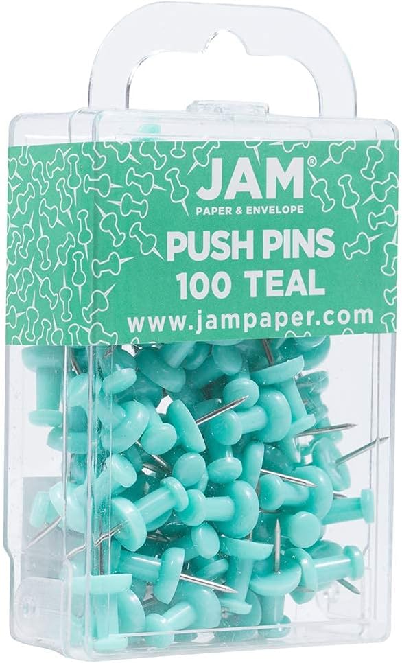 JAM PAPER Colorful Push Pins - Teal Pushpins - 100/Pack