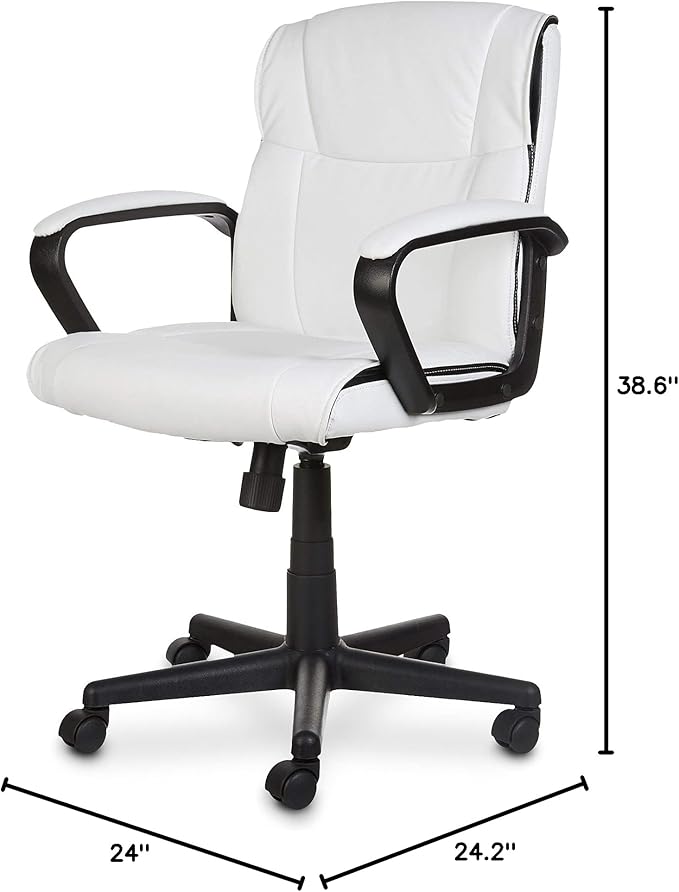 Amazon Basics Office Computer Task Desk Chair with Padded Armrests, Mid-Back, Adjustable, 360 Swivel, Rolling, 275 Pound Capacity, 24.2"D x 24"W x 38.6"H, BIFMA Certified, White Faux Leather