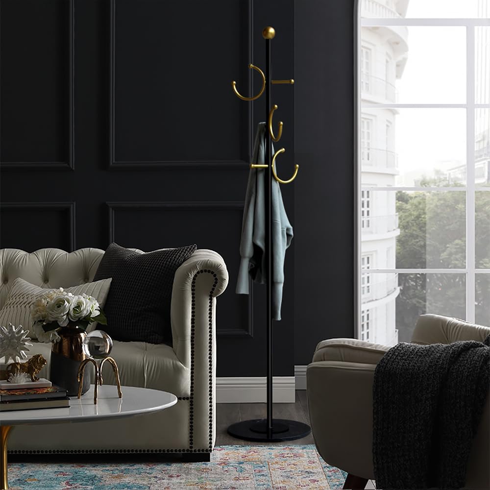 BUZUYE Modern Coat rack with marble base,Coat rack freestanding heavy duty with gold hooks,Entryway coat rack stand Coat Tree freestanding coat hanger stand for Hanging Clothes, Hats, Bags