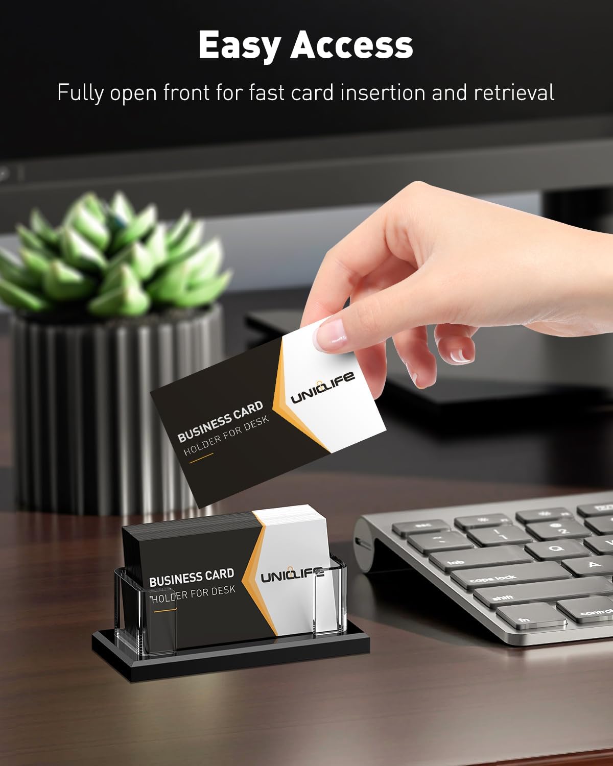 Uniclife Acrylic Business Card Holder for Desk 1 Slot Clear Horizontal Business Card Stand for Men & Women Desktop Name Card Display Stand Card Organizer for Office Home Exhibition, 60 Card Capacity