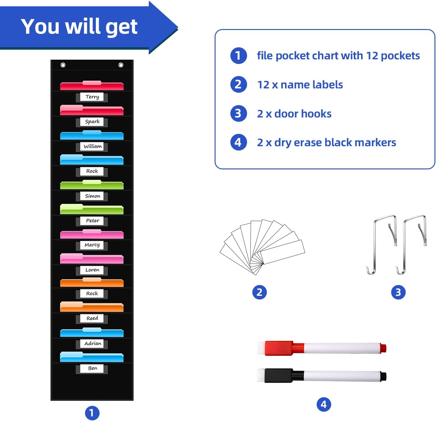 REGELETO 12 Pockets Storage Pocket Chart with 12 Nametag Pockets,Hanging Wall File Organizer for Classroom and Office, Organize Your Assignments, Files, Scrapbooks, Paper (Black)