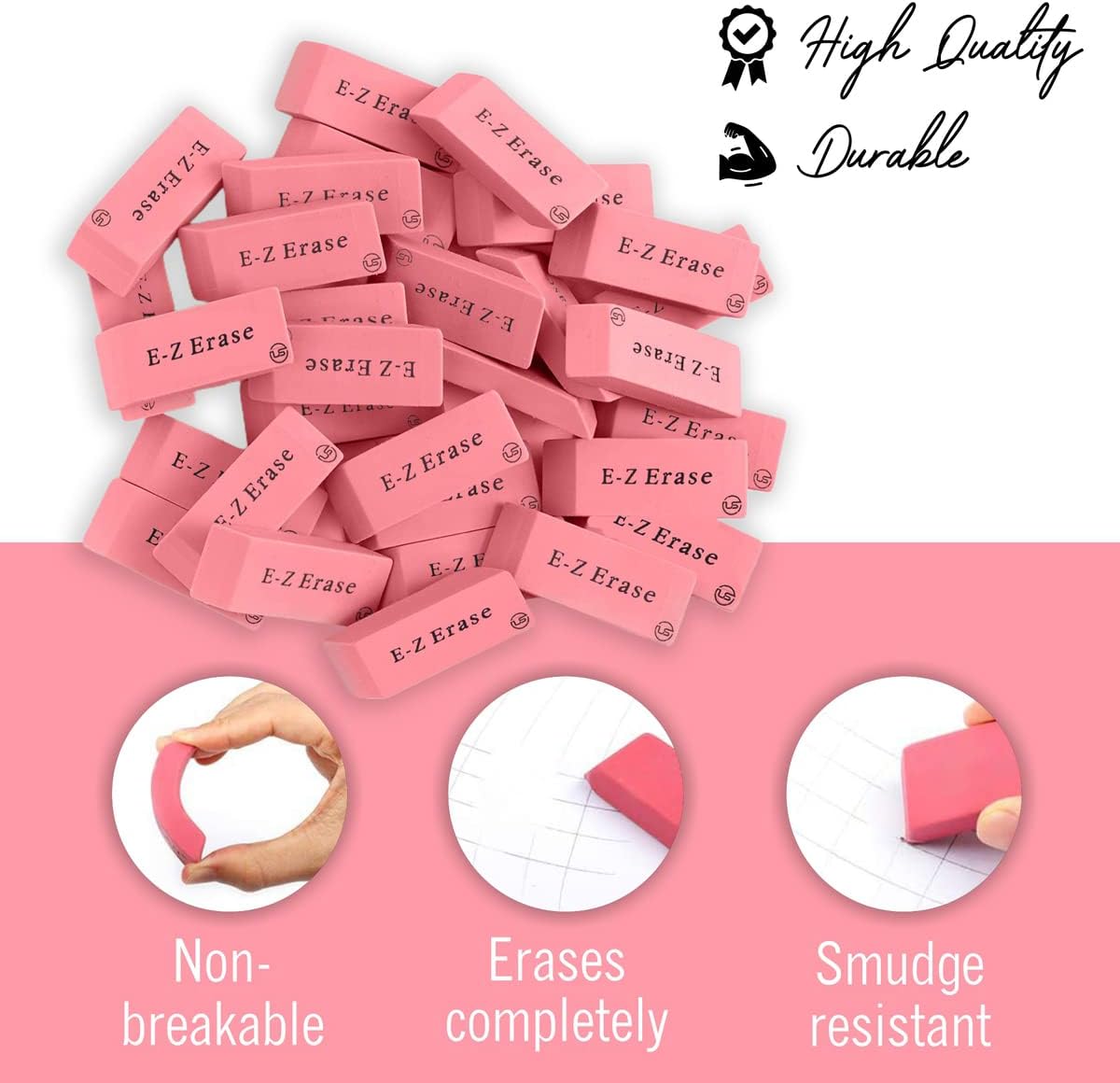 Pink Erasers, Erasers for Kids, Rubber Eraser, 12 Count, Erasers Bulk for School Supplies, Art, and Office Use