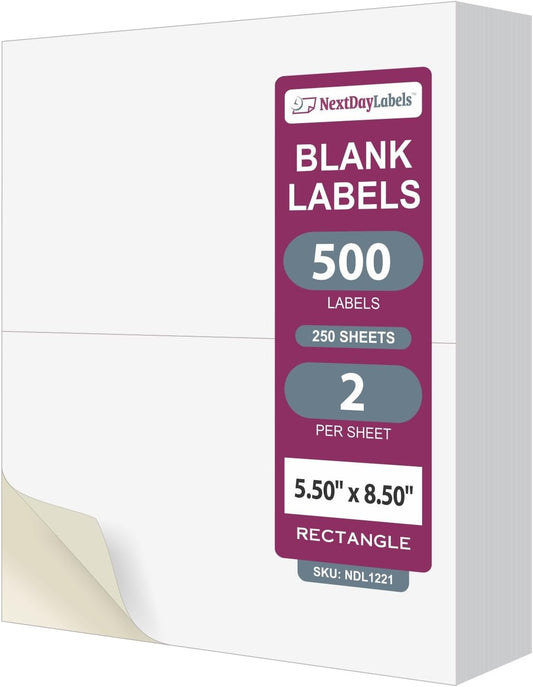 NextDayLabels – 8-1/2" x 5-1/2" Rectangular Sticker Labels for Printer - White Laser/Inkjet Printer Labels Return Address Labels Shipping Label Stickers (250 Sheets, 2 Per Sheet, 500 Labels)