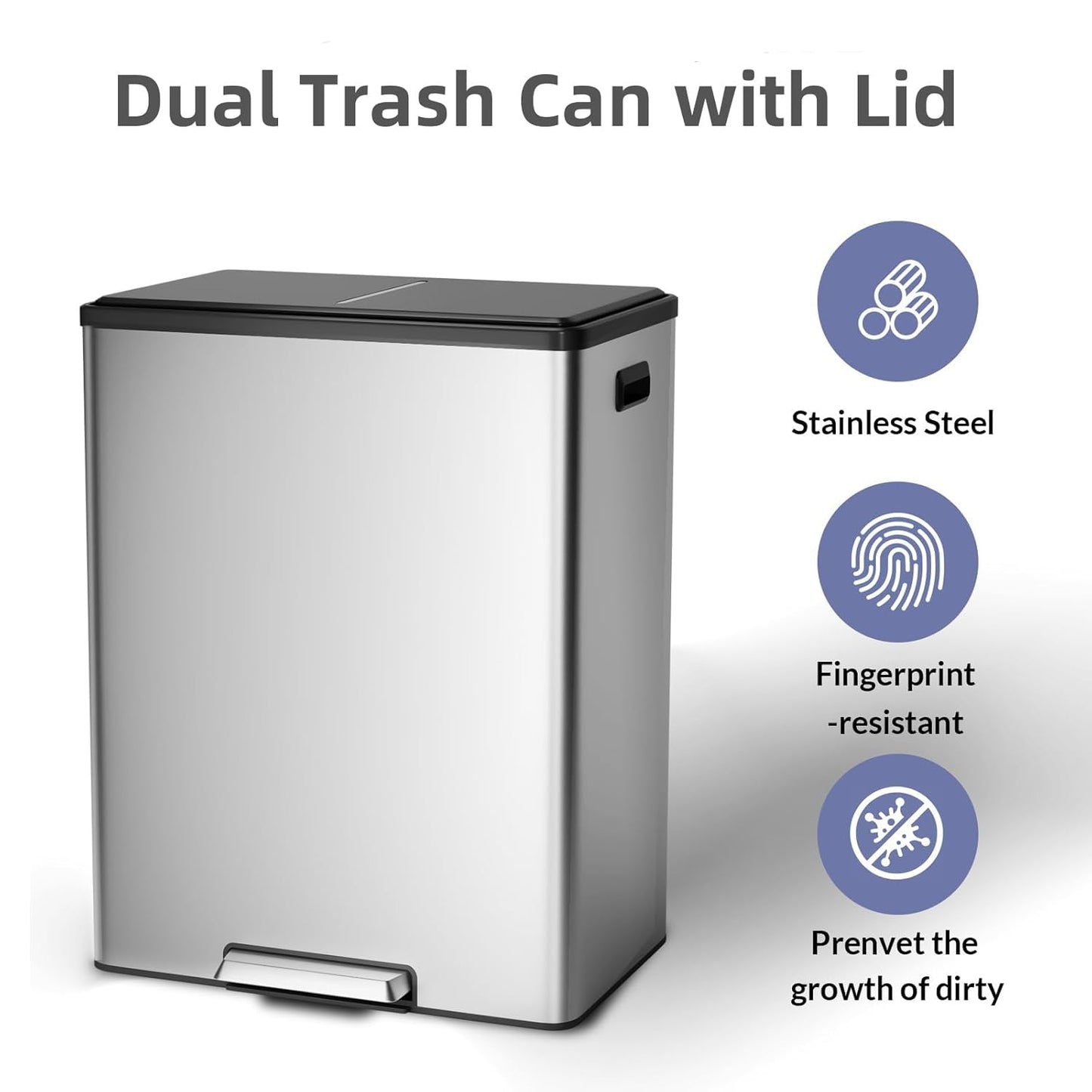 Dual Trash Can with Lid, 16 Gallon/60L Stainless Steel Recycling Trash Bin with 2 Removable Waste Buskets and Wide Pedal, Modern Garbage Bin for Home Kitchen